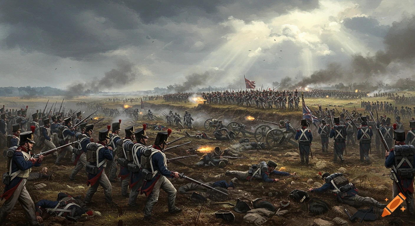 A dramatic historical battlefield with French and British troops in formation, cannons firing smoke, and fallen soldiers under a cloudy sky.