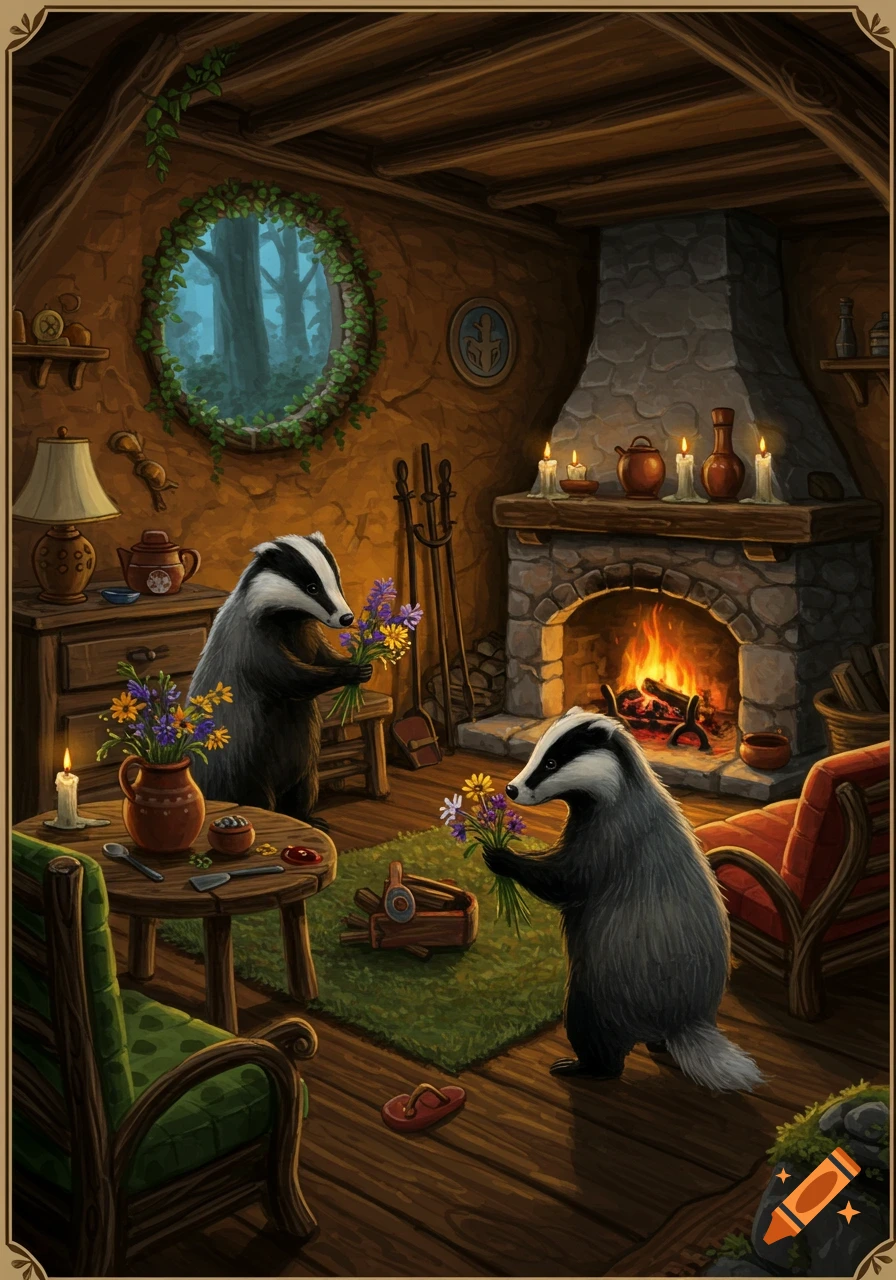 Two badgers hold bouquets of wildflowers in a cozy, rustic burrow room with a fireplace and round window, illustration.