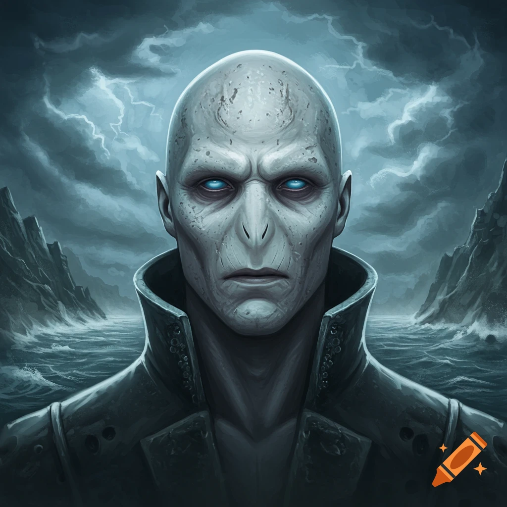 Close-up portrait of a pale, bald villain with glowing blue eyes and a slit nose, wearing a dark coat, against a stormy sea with jagged rocks.