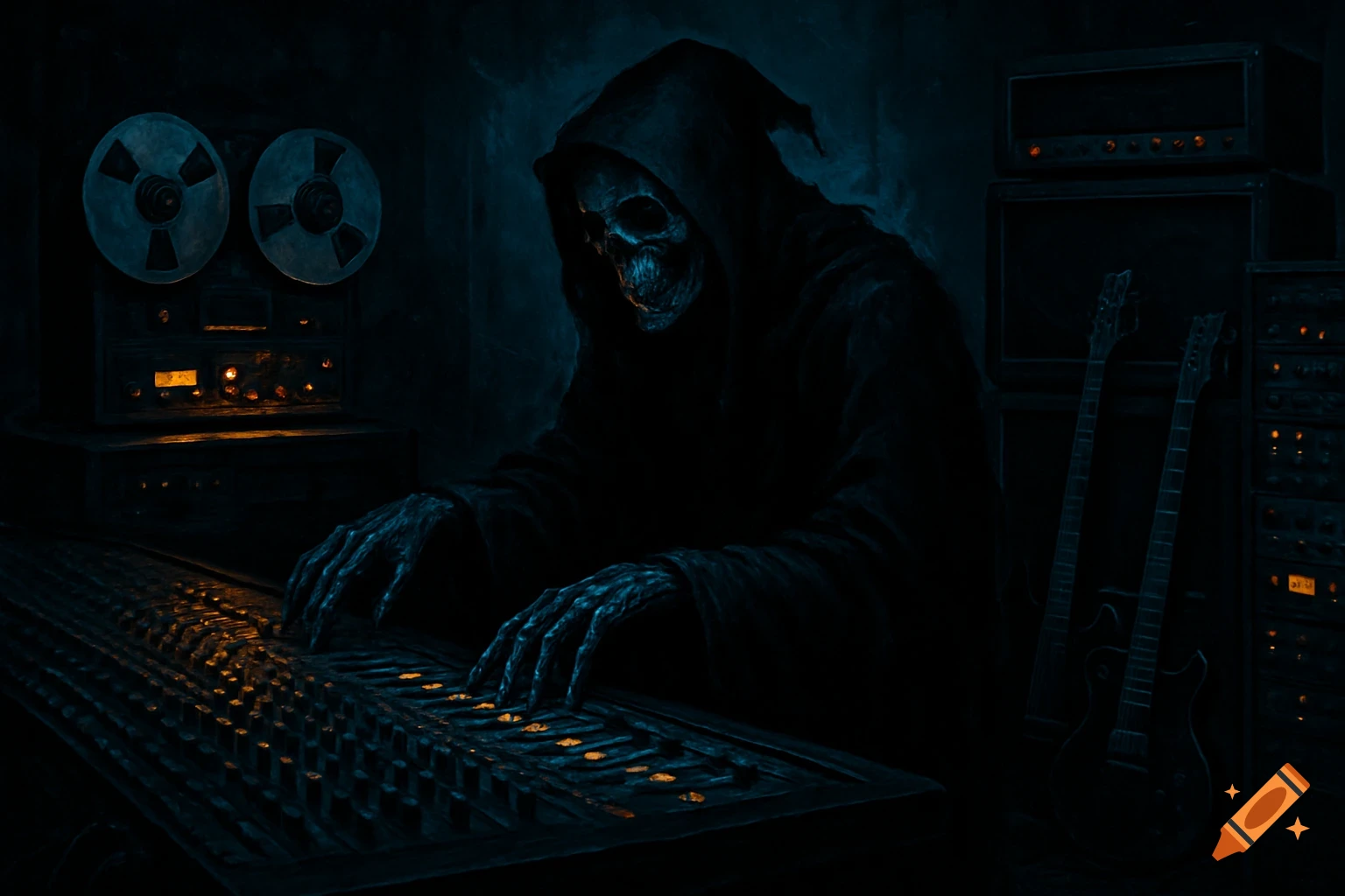 Digital painting of the Grim Reaper as a sound engineer, adjusting faders on a mixing console in a dark music studio with reel-to-reel and guitars.