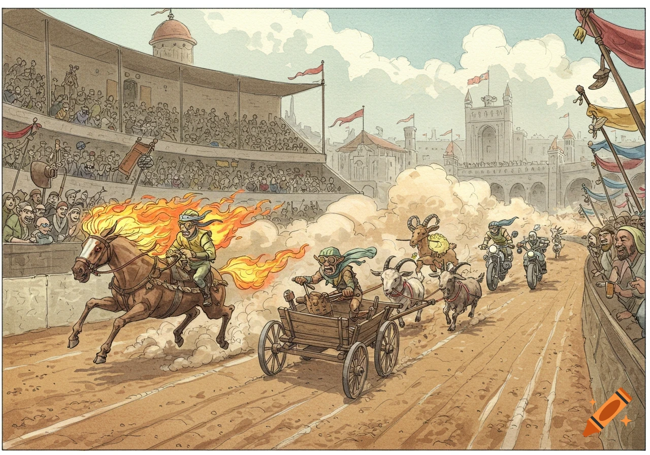 A vibrant storybook illustration of a fantasy race in a hippodrome with a flaming horse, goat-pulled cart, and motorcycles, cheered by a crowd.