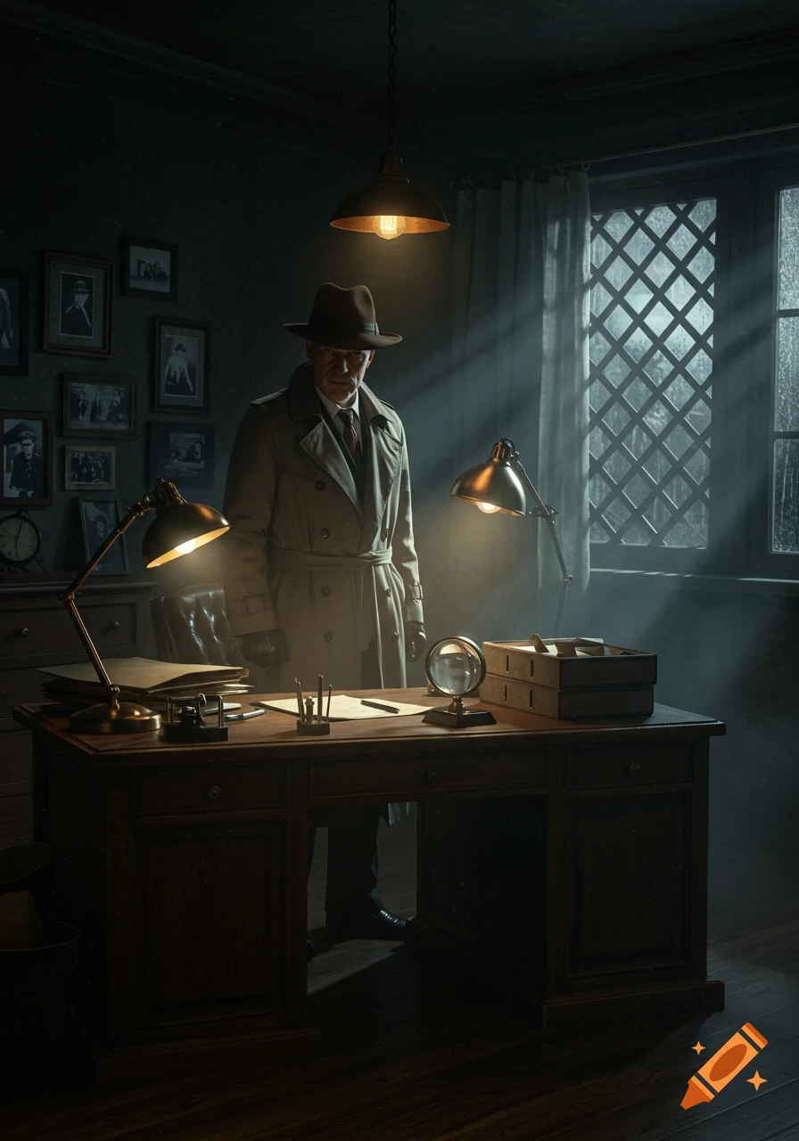 A man in a trench coat and fedora, a private detective, stands in a dimly lit, atmospheric office with desk lamps.