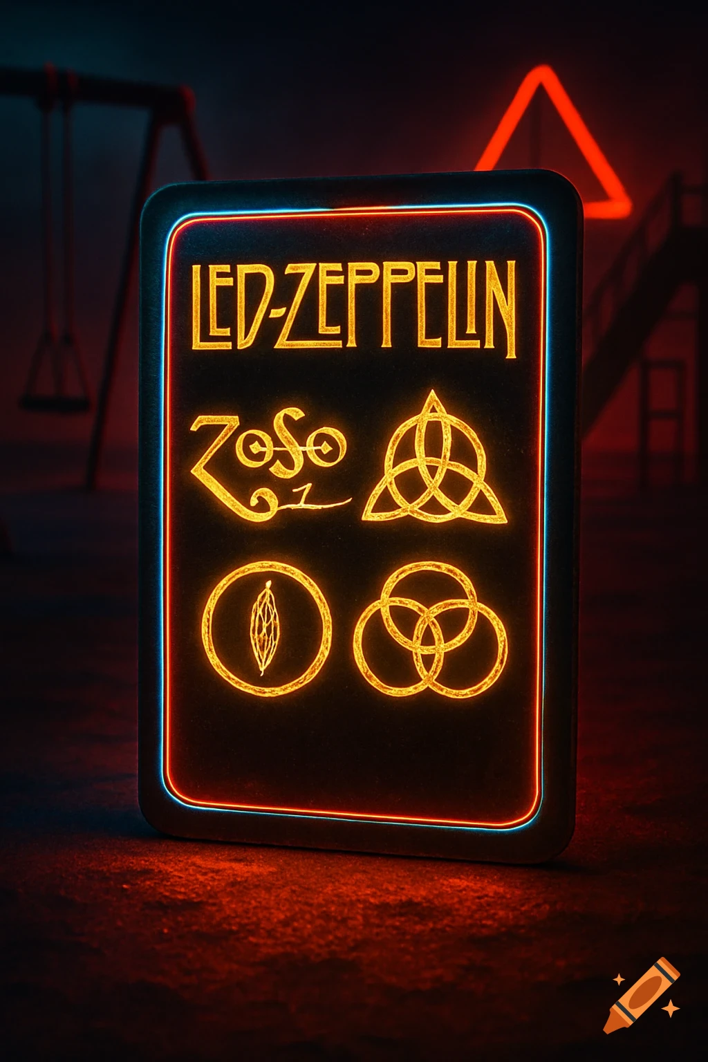 A glowing neon sign displays "LED-ZEPPELIN" and the band's four famous symbols in a dark, moody setting with red and blue lighting.