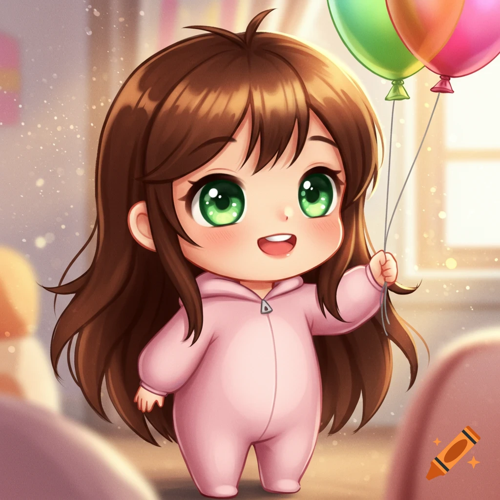 A cute chibi-style cartoon girl with brown hair and green eyes, wearing a pink onesie, holding colorful balloons.