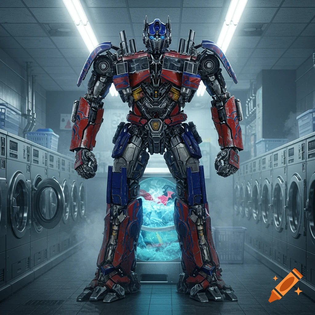 Photorealistic Optimus Prime stands impressively in a brightly lit, clean laundromat with rows of washing machines.
