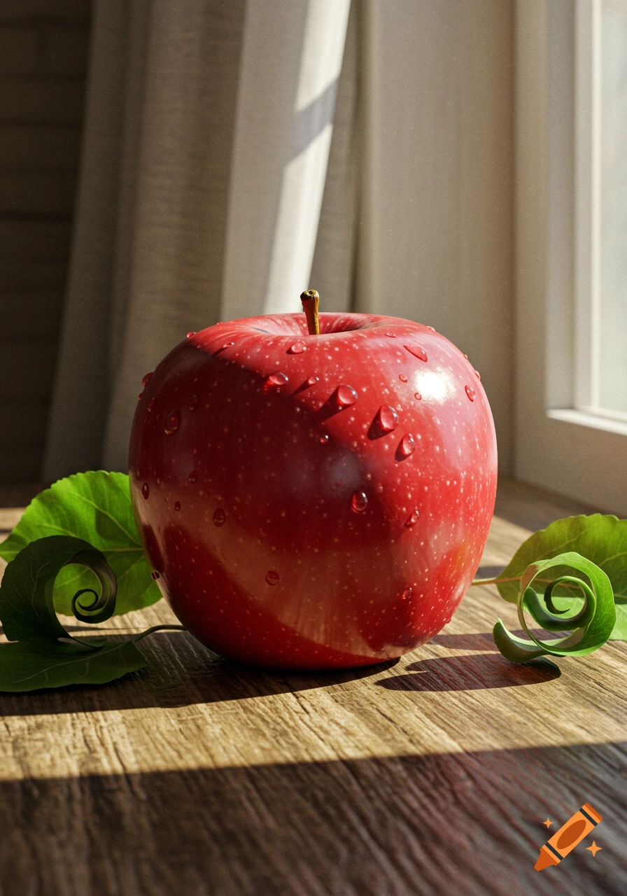 A close-up, photorealistic image of a red apple with water droplets and green curled leaves on a sunlit wooden table.