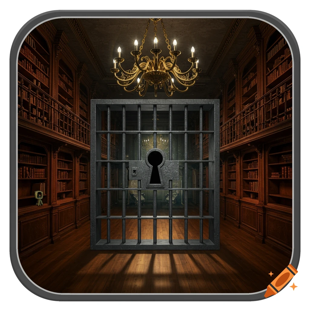 A dimly lit library with tall bookshelves and a chandelier, fronted by a dark metal prison gate with a keyhole. Digital art.