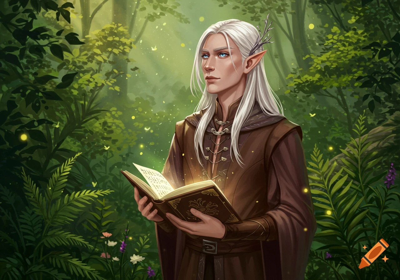 A handsome male elf with white hair and blue eyes reads a glowing book in a vibrant, sunlit forest filled with green foliage and fireflies.