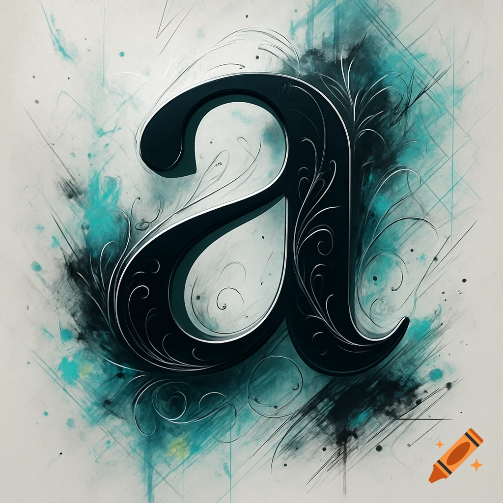 Dark, ornate lowercase letter 'a' with filigree details, against an abstract background of teal and black paint splashes.