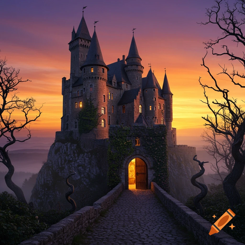 A majestic castle on a cliff at sunset, with a cobblestone path leading to its illuminated entrance, framed by barren trees.