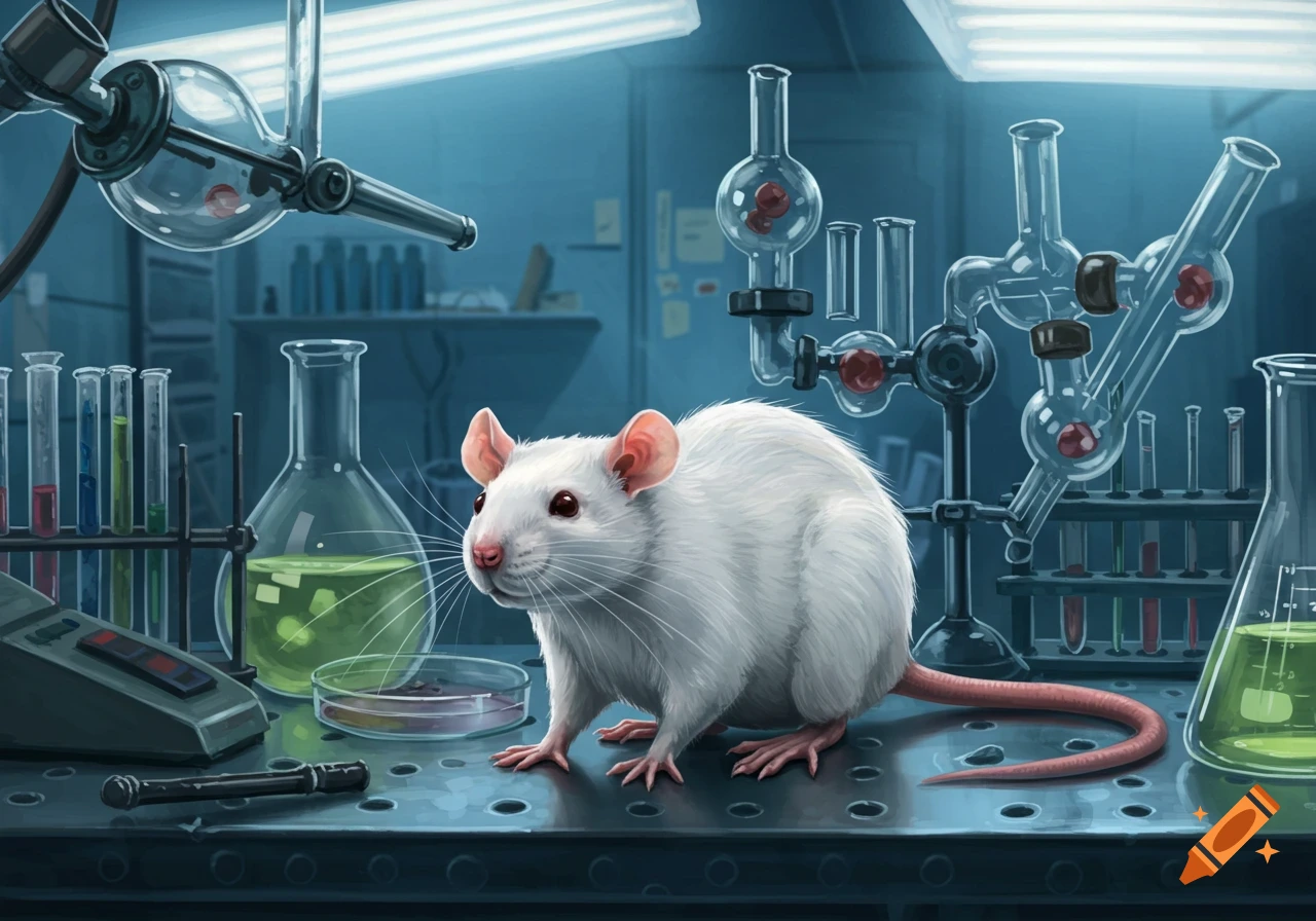 A white rat sits on a metal laboratory bench amidst beakers and test tubes filled with colorful liquids, illustration.