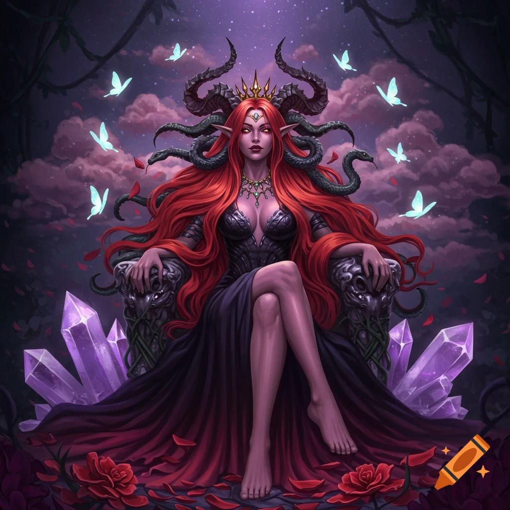 Red-haired demon queen with horns, snakes, and a dark dress sits on a throne, surrounded by glowing butterflies, crystals, and roses.