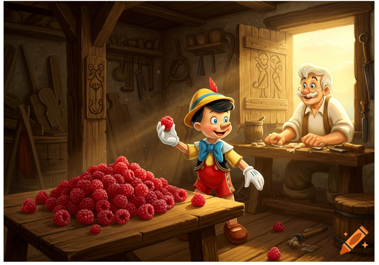Pinocchio holds a raspberry near a large pile on a wooden table, with Geppetto working at a bench in their bright, illustrative workshop.
