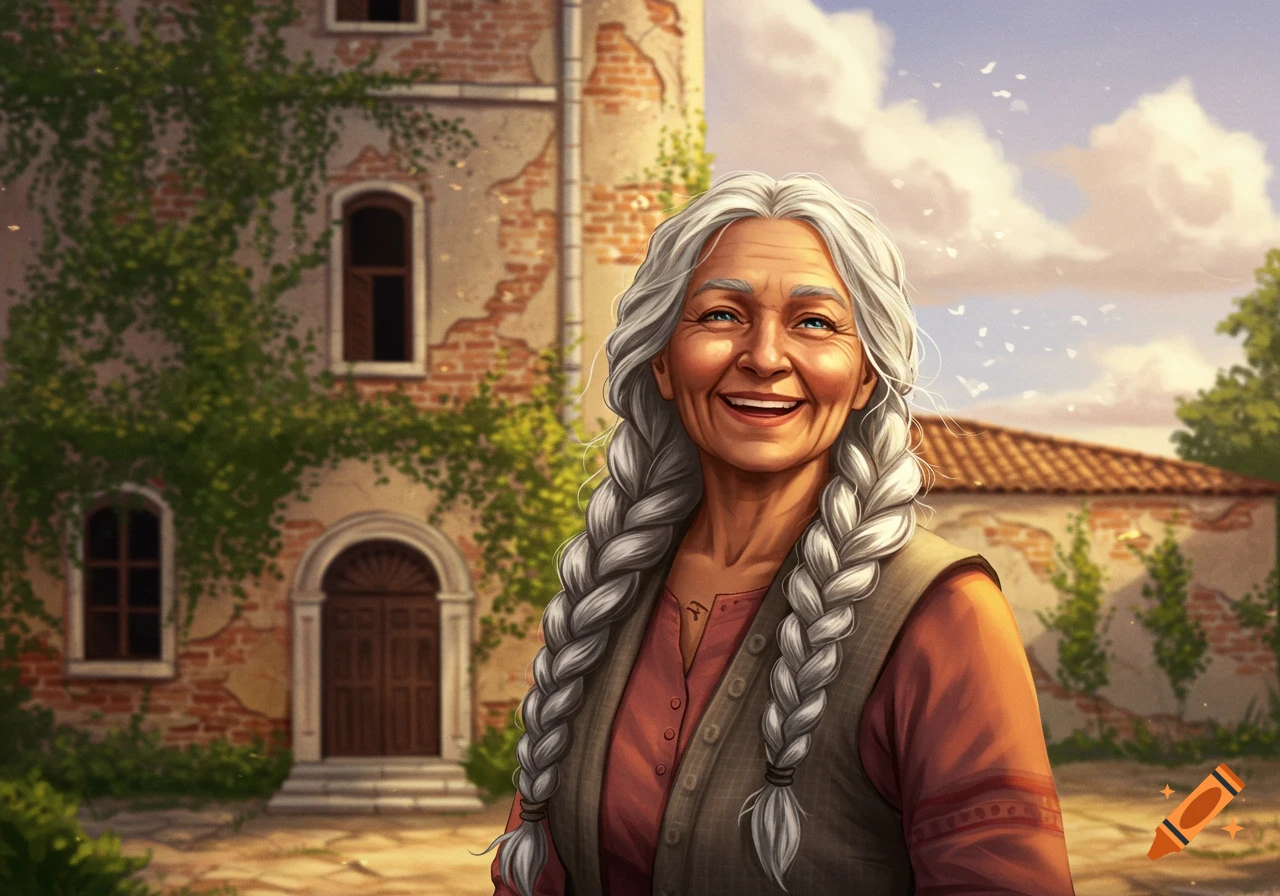 Smiling old lady with grey braids in front of an ivy-covered old building, illustration style.