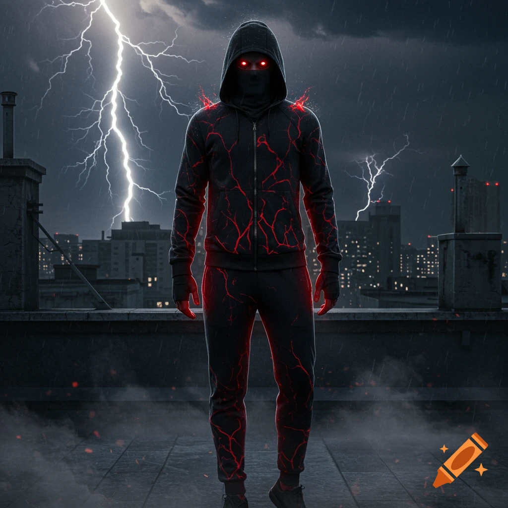 A menacing figure in a black hooded tracksuit with glowing red cracks and eyes stands on a city rooftop during a thunderstorm.