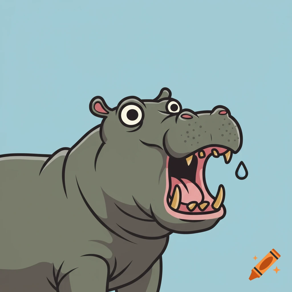 A cartoon hippo with wide eyes and an open mouth, a drop of water drips from its mouth, against a light blue background.