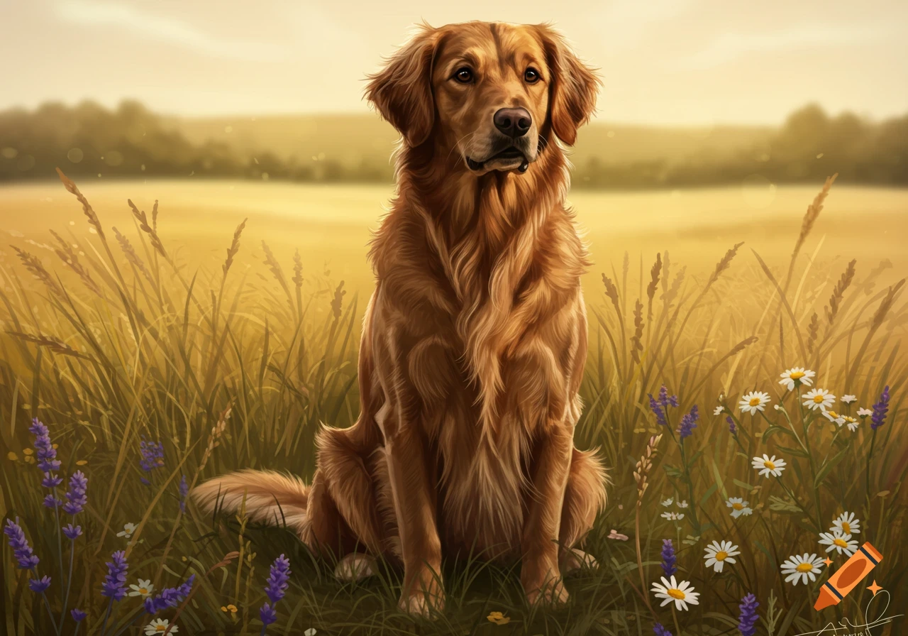 A Golden Retriever dog sits in a sunny field of tall grass and ...