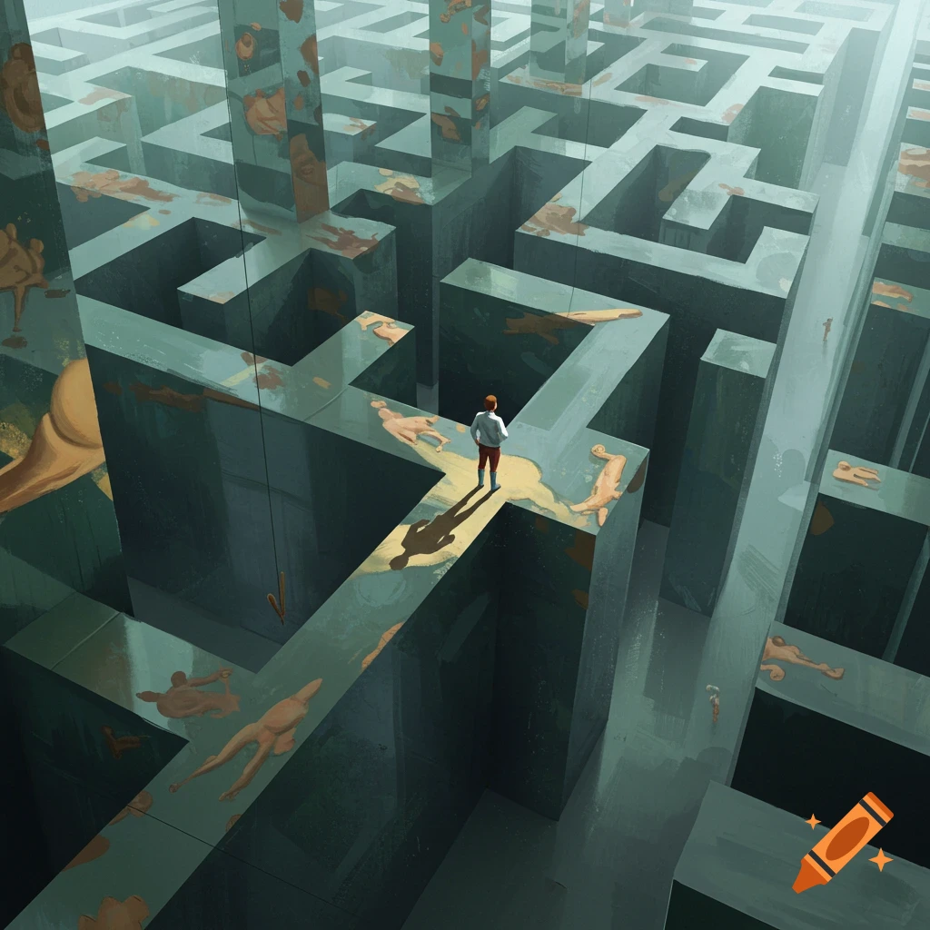 Surreal oil painting of a man standing in a large labyrinth with high, reflective walls, surrounded by scattered, stylized human figures.