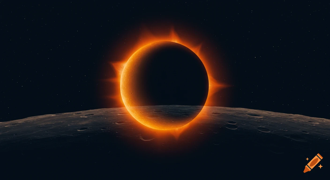 A partial solar eclipse casts an orange glow behind the dark, cratered surface of a moon.