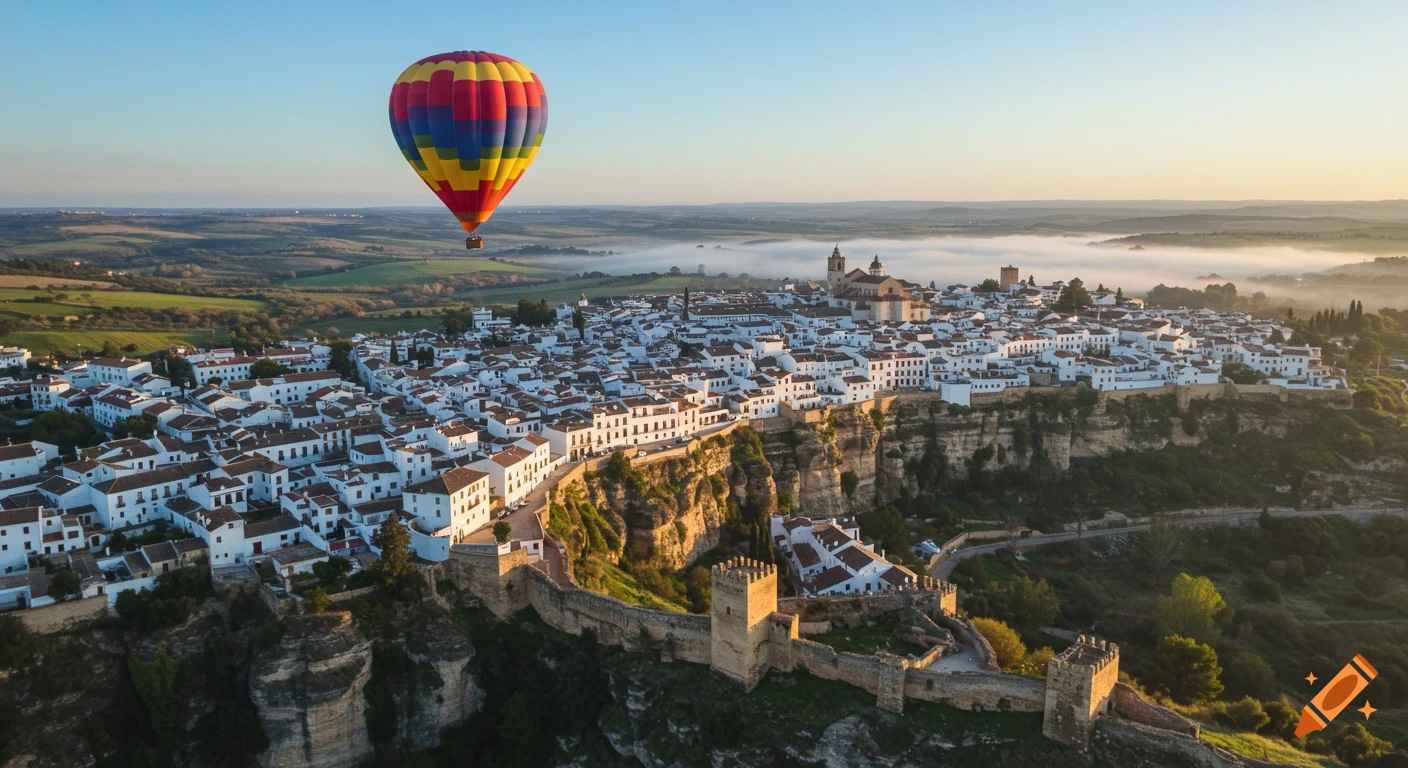 Colorful hot air balloon flying over a whitewashed town on cliffs with a misty valley at sunrise.