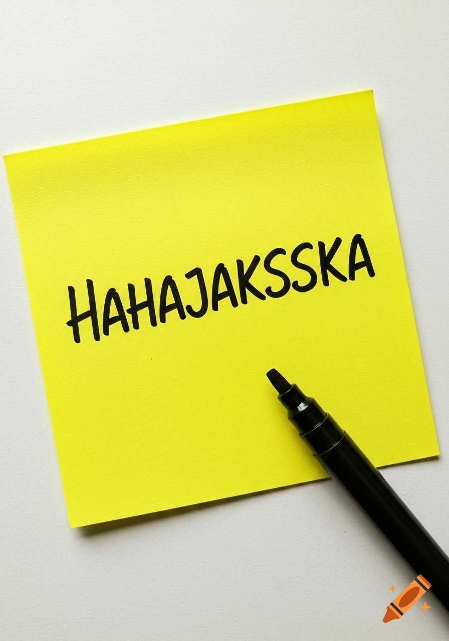 A yellow sticky note with the text 'HAHAJAKSSKA' written in black, with a black marker beside it.