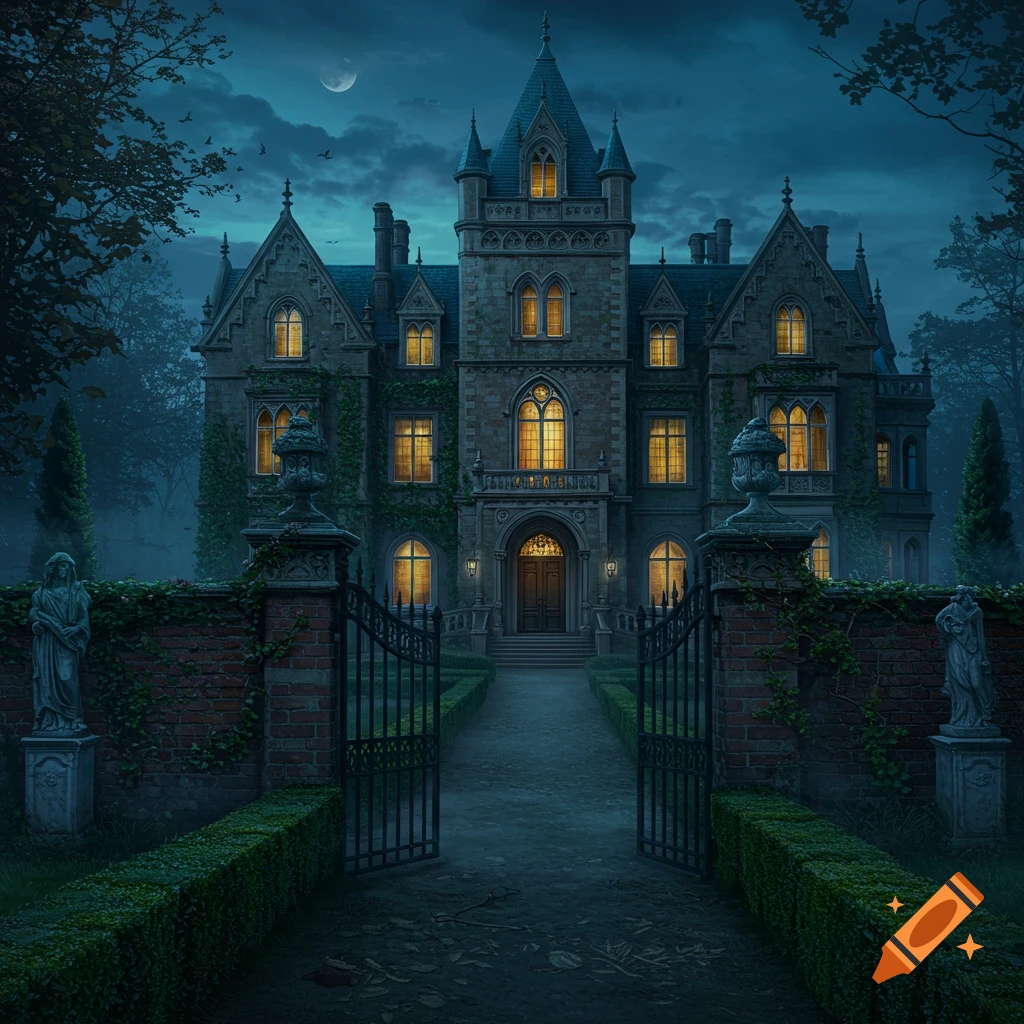 An ominous gothic mansion at night with glowing windows, an open gate, and trees under a crescent moon.