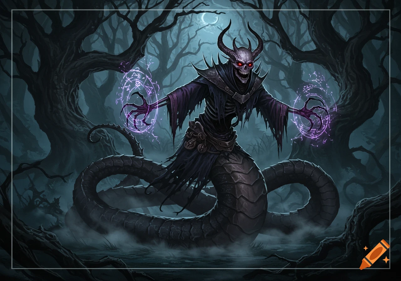 A skeletal, horned, red-eyed dark wizard with a snake body casts purple spells in a misty, dead forest under a crescent moon. Digital art.