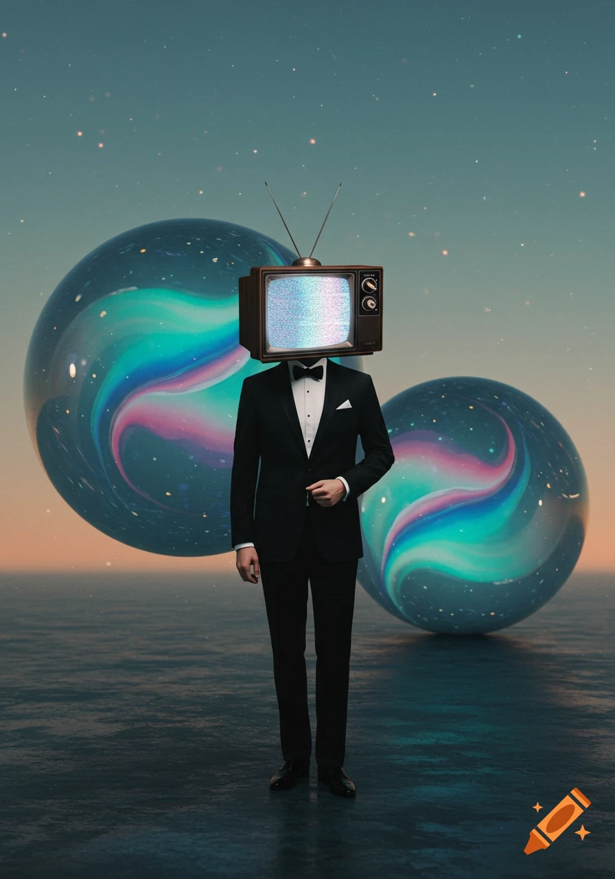A surreal image of a man in a tuxedo with a static TV head, standing on water with glowing orbs in a starry sky.