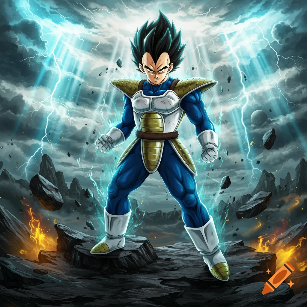 Anime illustration of Vegeta from Dragon Ball, glowing with blue energy and surrounded by lightning in a rocky landscape.