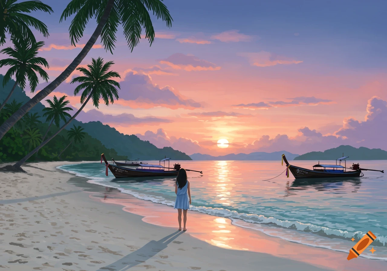 A person stands on a sandy tropical beach at sunset, with palm trees and traditional boats in the water. The sky is a mix of pink and purple.