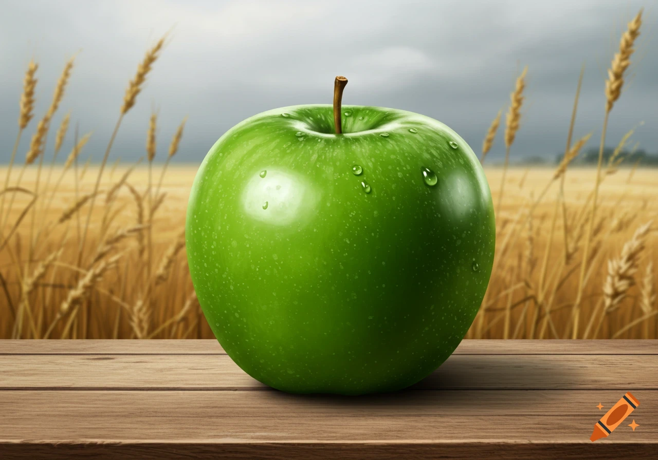 A vibrant green apple with water droplets sits on a wooden table, against a blurred golden wheat field under a cloudy sky.