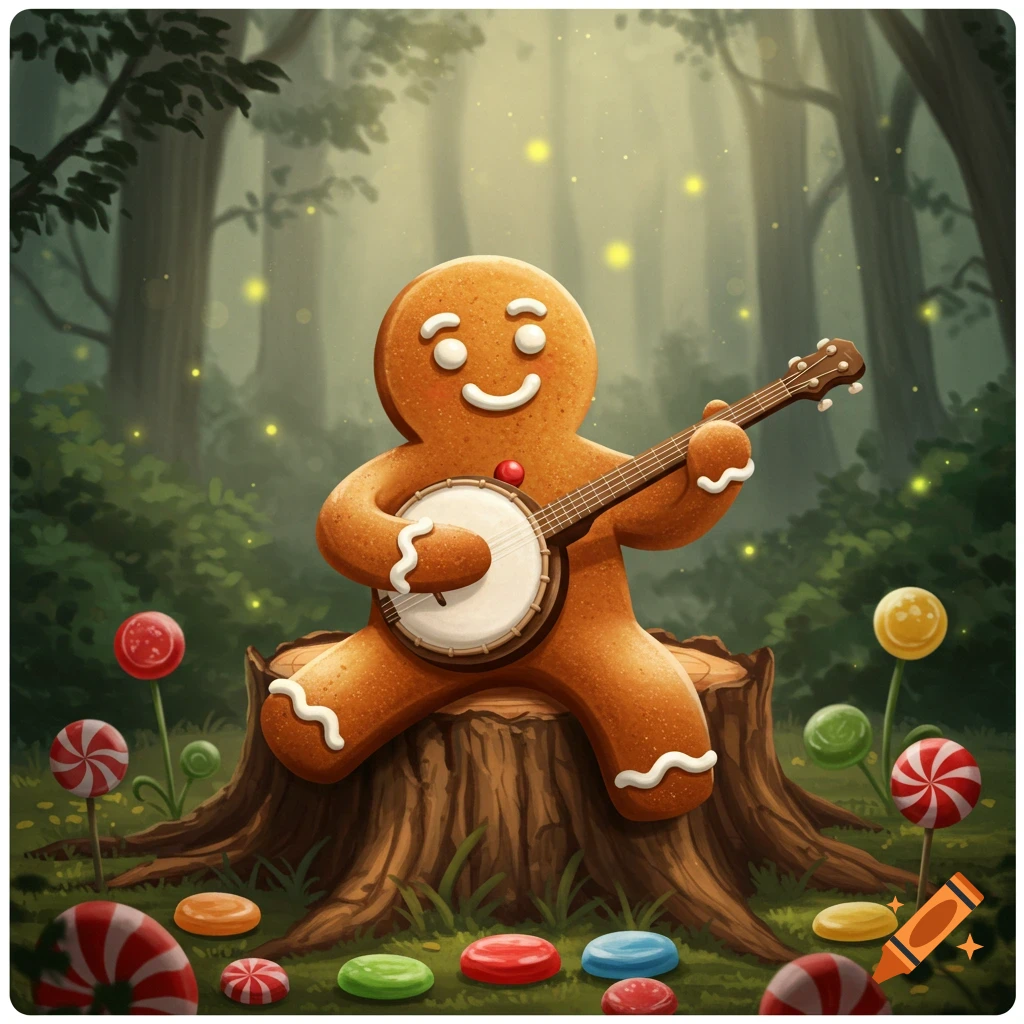 Smiling gingerbread man plays a banjo on a tree stump in a whimsical forest with candies and fireflies.