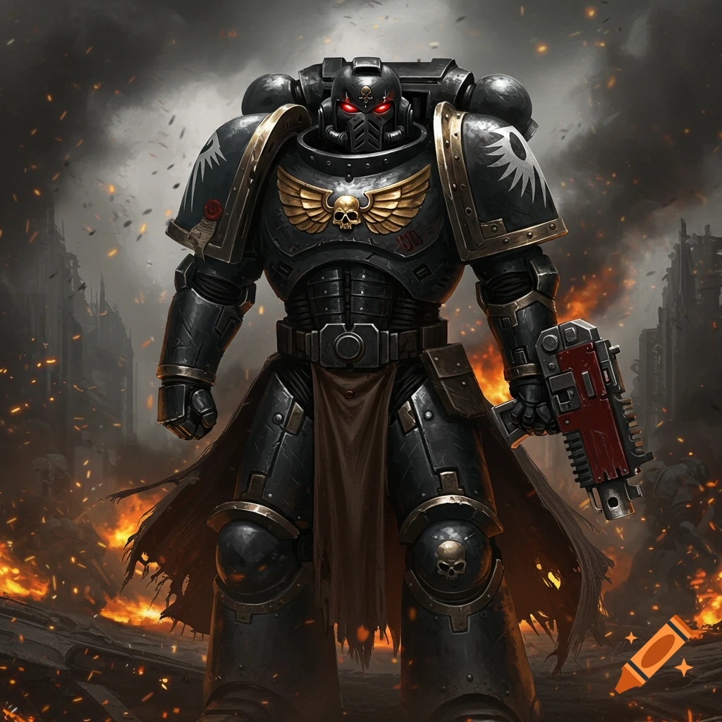 A heavily armored black and gold space marine with glowing red eyes holds a rifle amidst a fiery, war-torn cityscape.