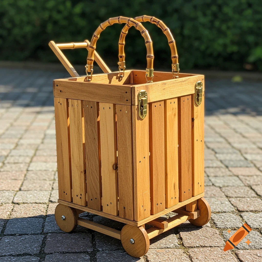 A rustic wooden shopping cart with bamboo handles and wooden wheels, sitting on a paved patio.