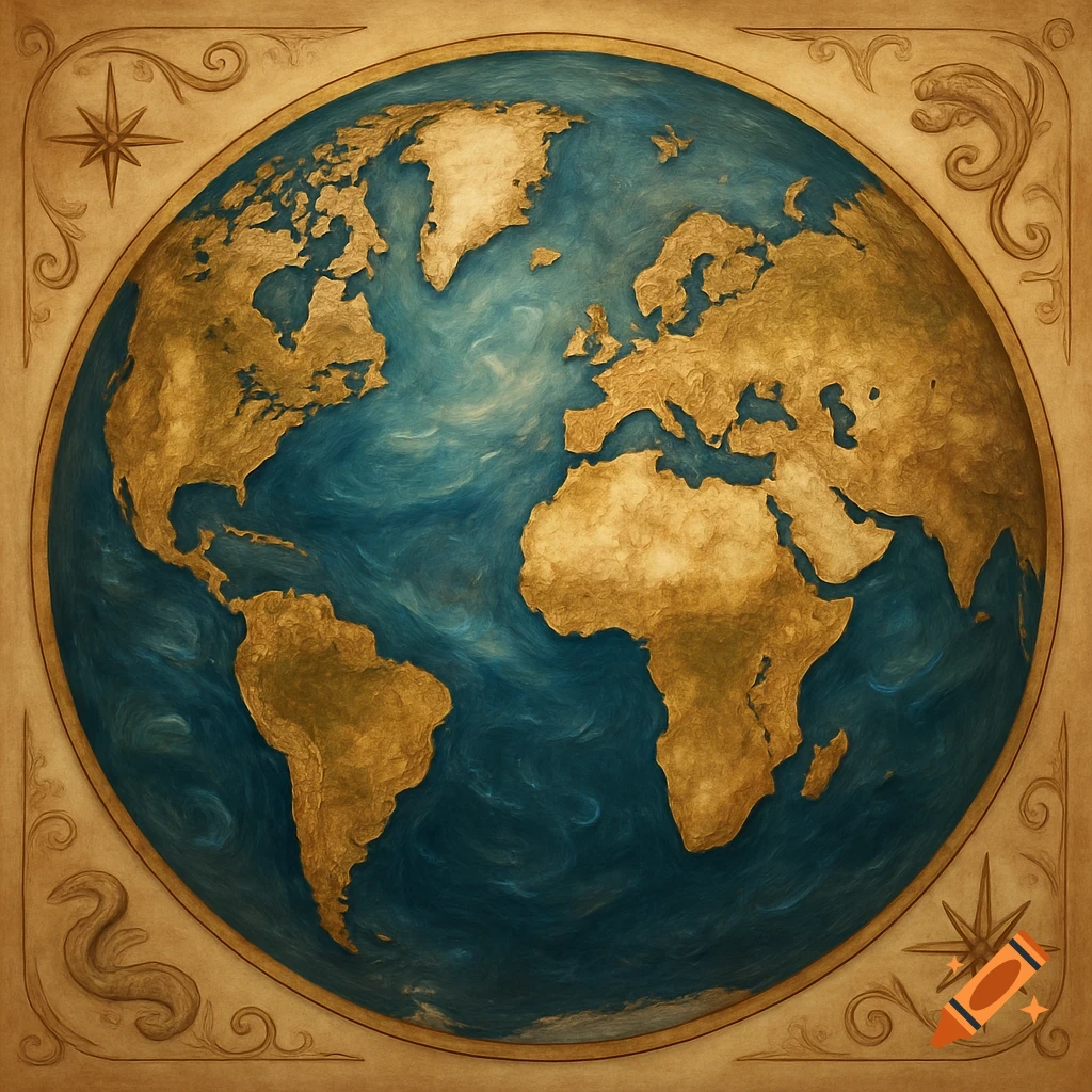 Stylized relief map of Earth with golden continents and deep blue oceans, framed by ornate borders.