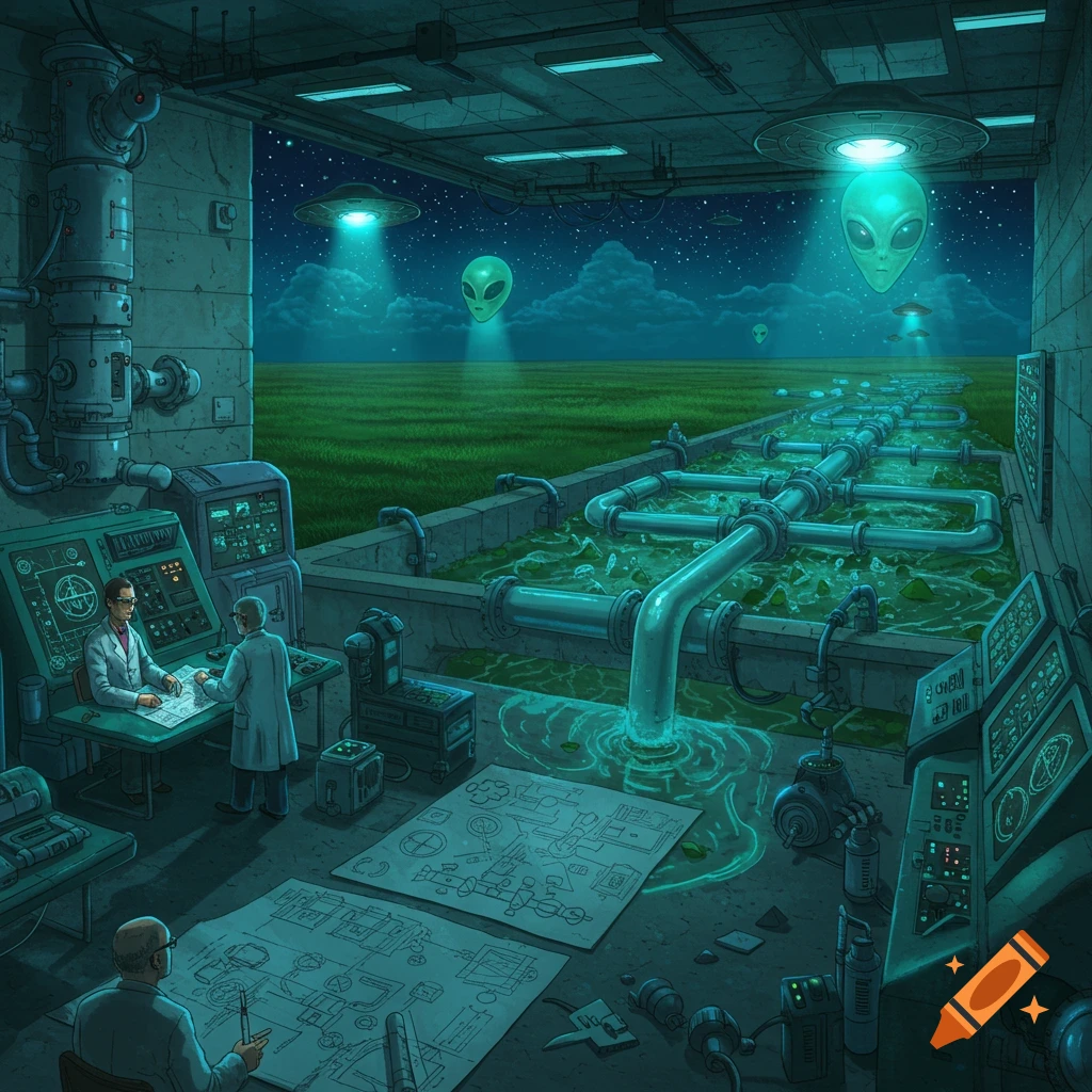 Scientists work in a dimly lit underground lab with large pipes carrying glowing green liquid. Outside, alien heads float over a green field with UFOs in the night sky.