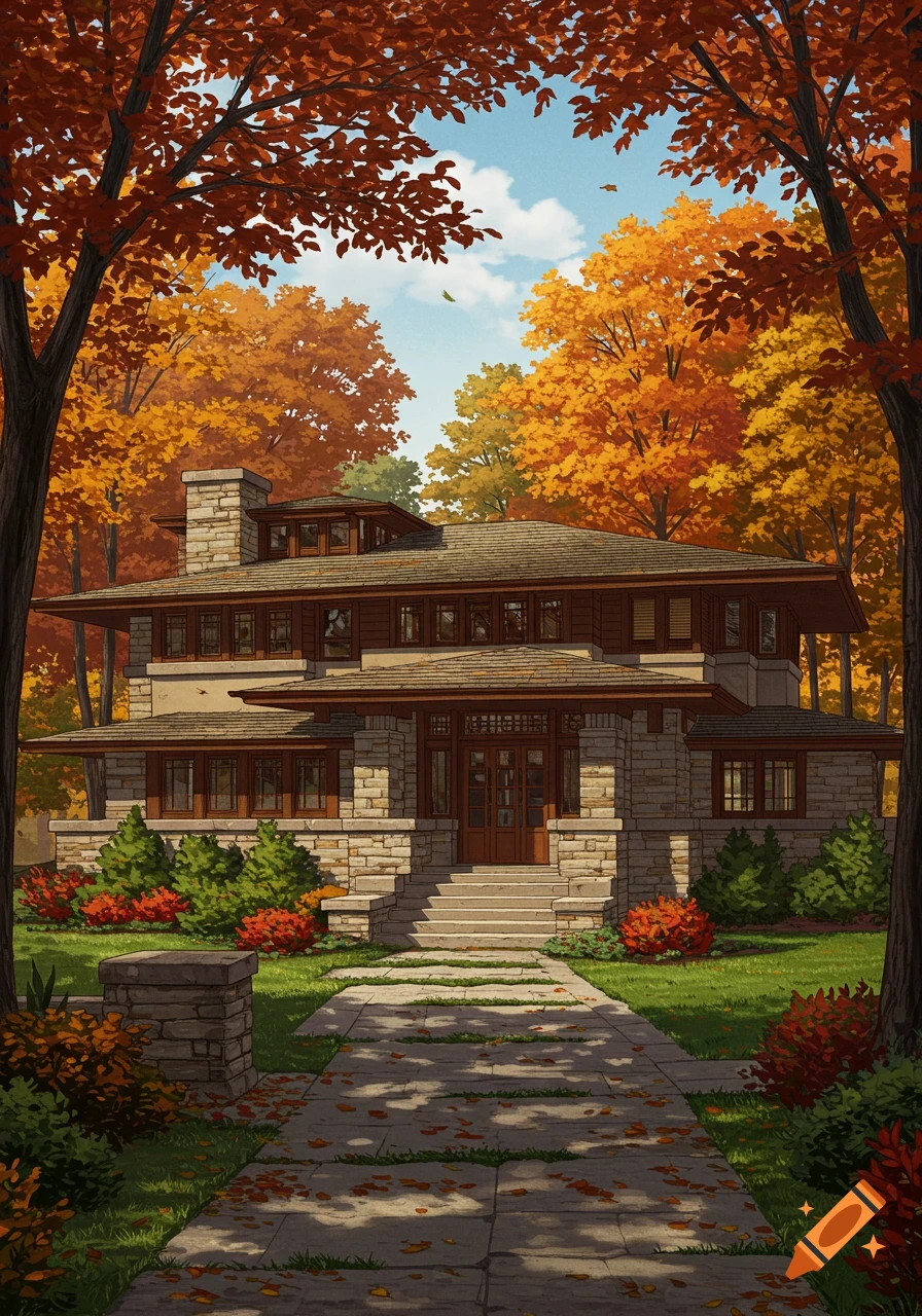 Illustrative view of a Frank Lloyd Wright-style craftsman home with a stone facade, surrounded by vibrant autumn trees.
