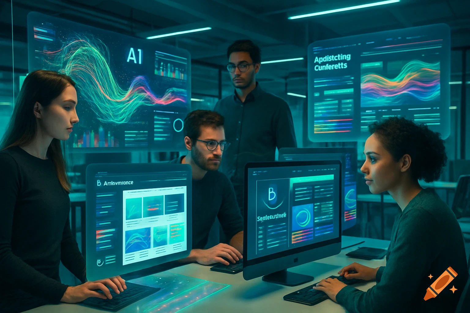 Three professionals work with glowing computers and transparent AI interfaces in a futuristic, neon-lit office.