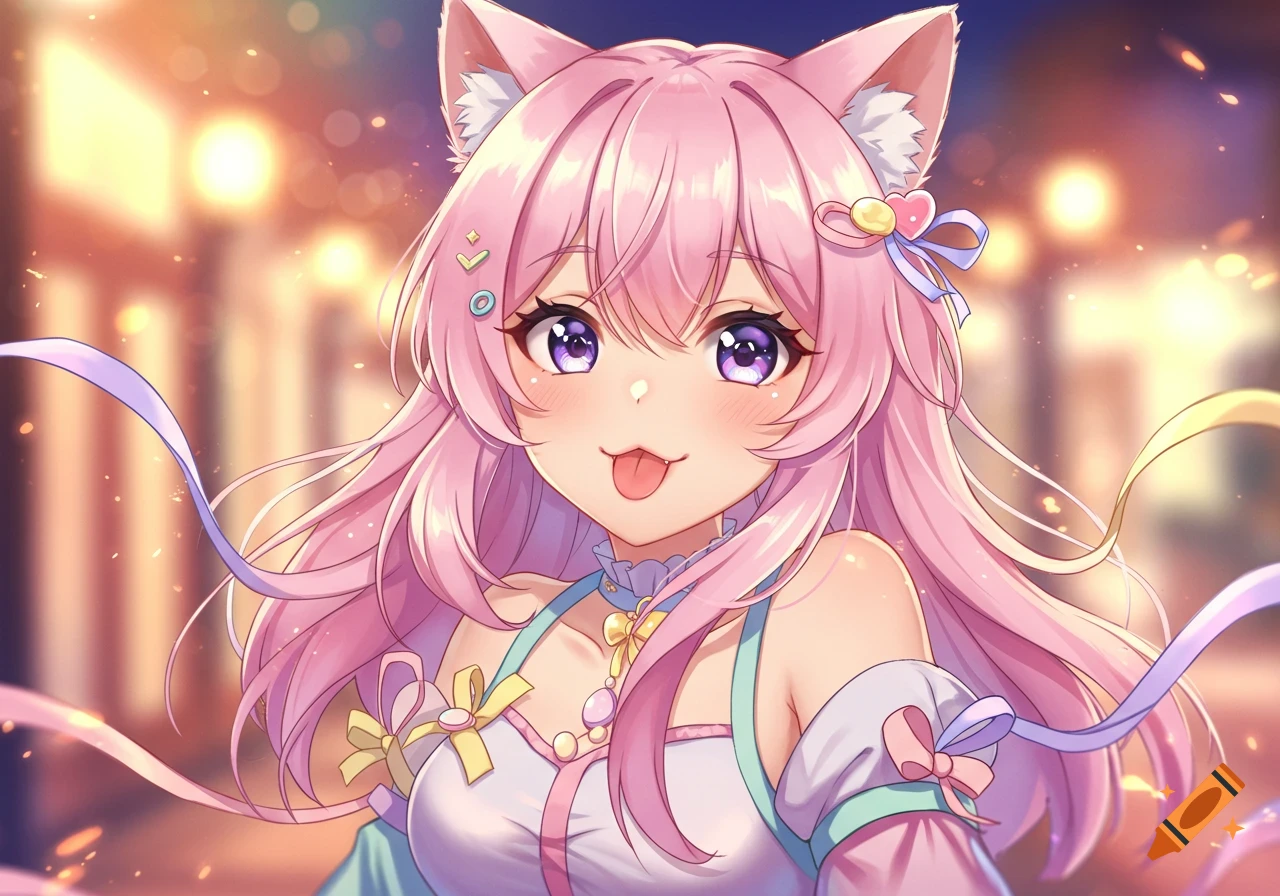 Anime cat girl with pink hair, white ears, and purple eyes, sticking out her tongue, wearing a pastel outfit with ribbons against a bokeh background.