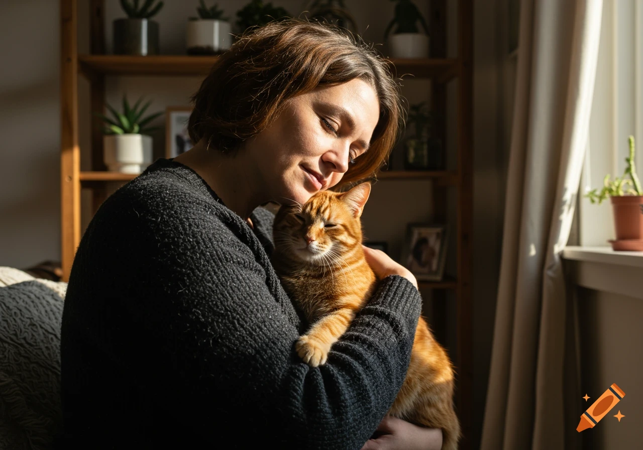 A woman with her eyes closed affectionately hugs an orange cat in a sunlit room.