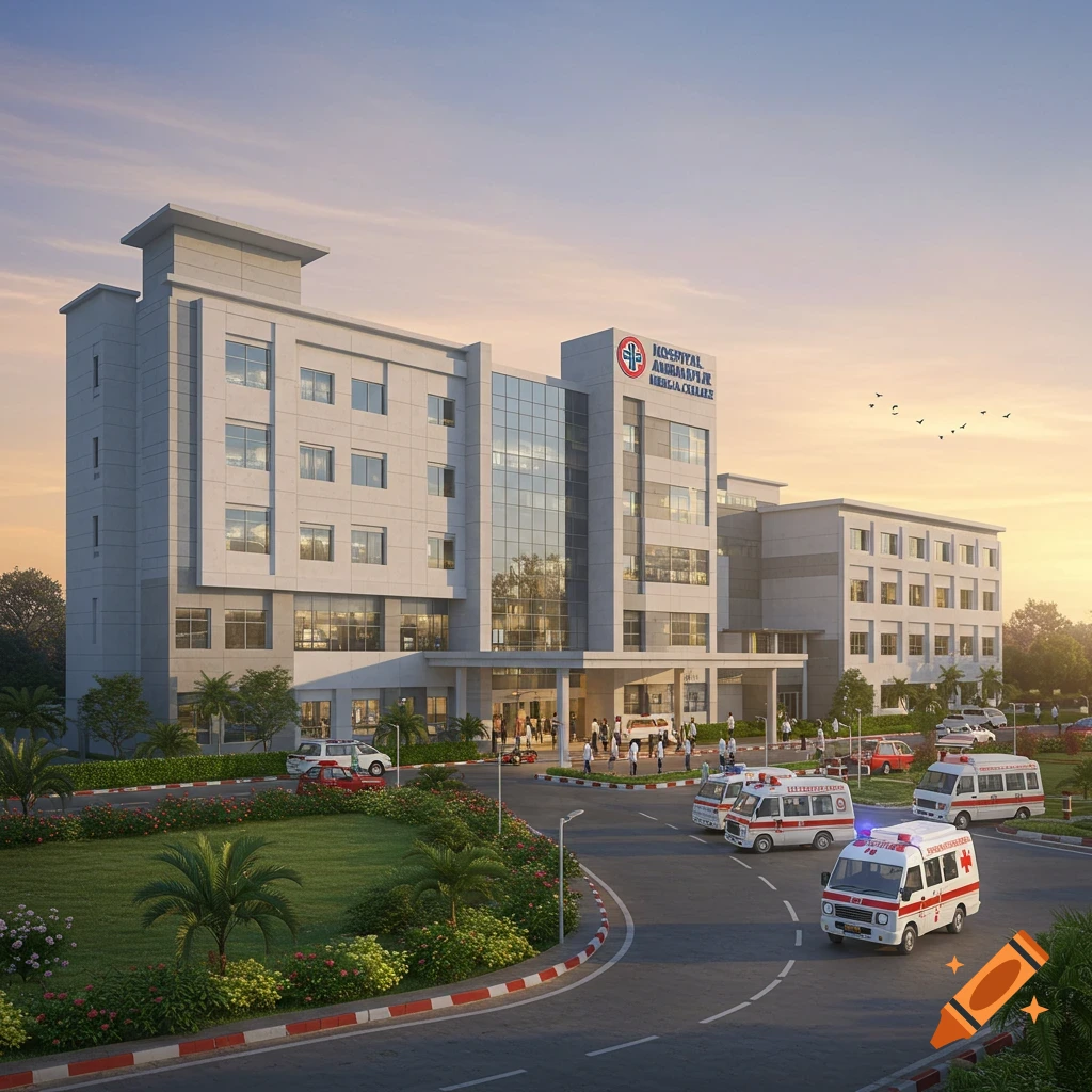 Photorealistic rendering of Hospital Ambikapur Medical College building with ambulances and palm trees at sunset.