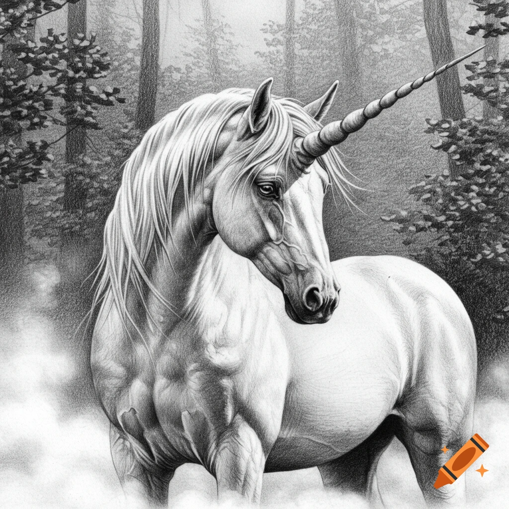 Pencil drawing of a majestic unicorn with a flowing mane and horn, standing in a misty forest.