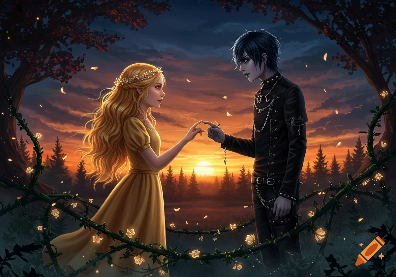 Fantasy illustration of a blonde girl and a dark-haired boy touching fingertips in a magical forest at sunset, with glowing vines.