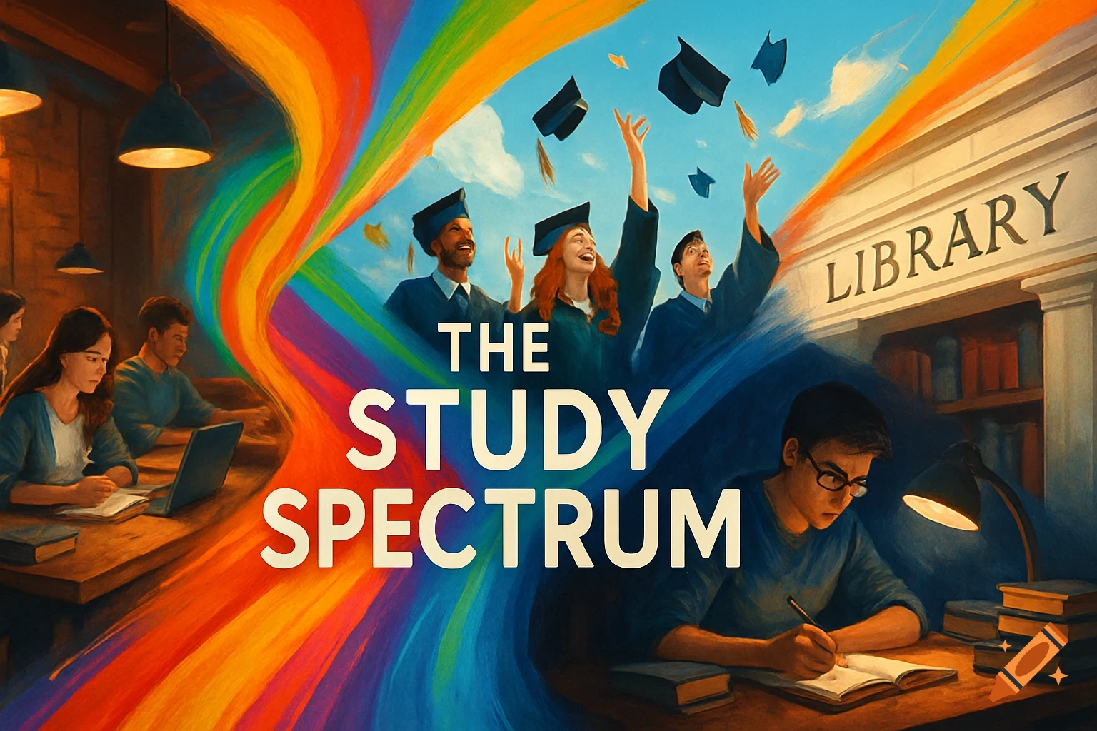 Colorful illustration of diverse students studying in various settings and graduates celebrating, with text 'THE STUDY SPECTRUM'.