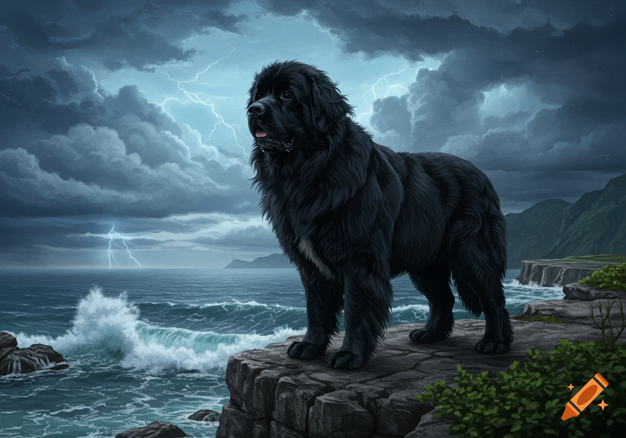 A majestic black Newfoundland dog stands on a rocky cliff overlooking a stormy ocean with lightning in the dark sky.