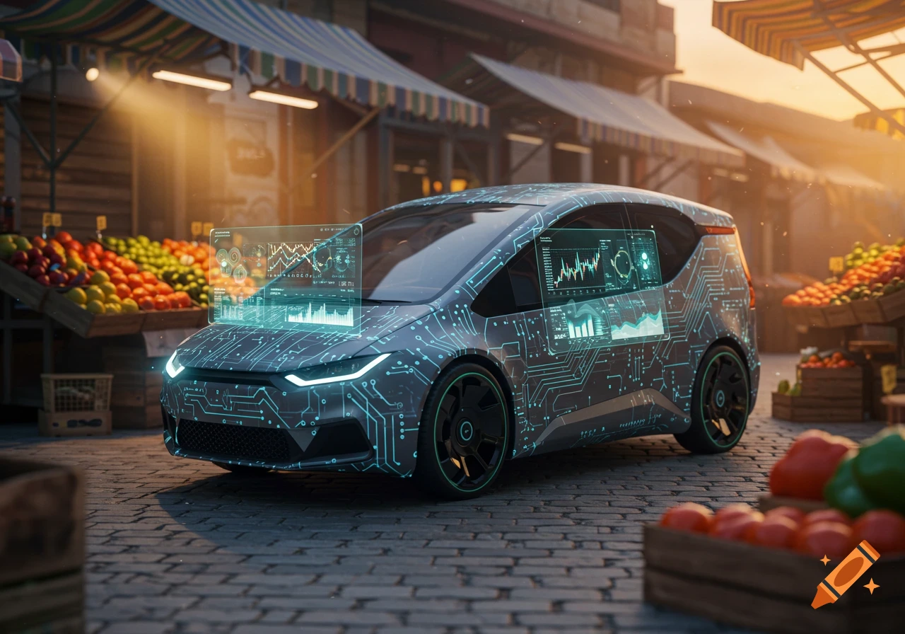 Futuristic AI car with glowing circuit patterns and holographic data displays parked at a bustling outdoor market at sunset.