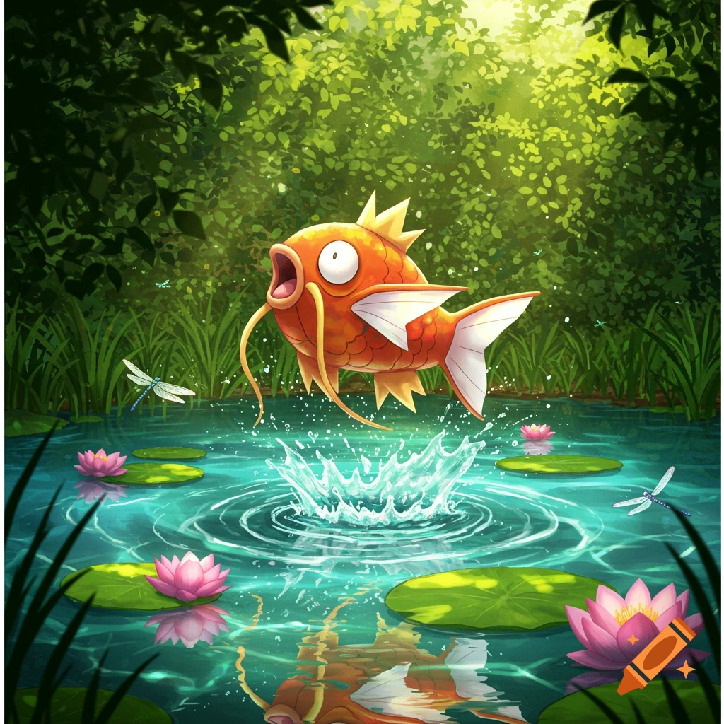Cartoon Magikarp leaping out of a pond, surrounded by lily pads and green trees, making a splash.