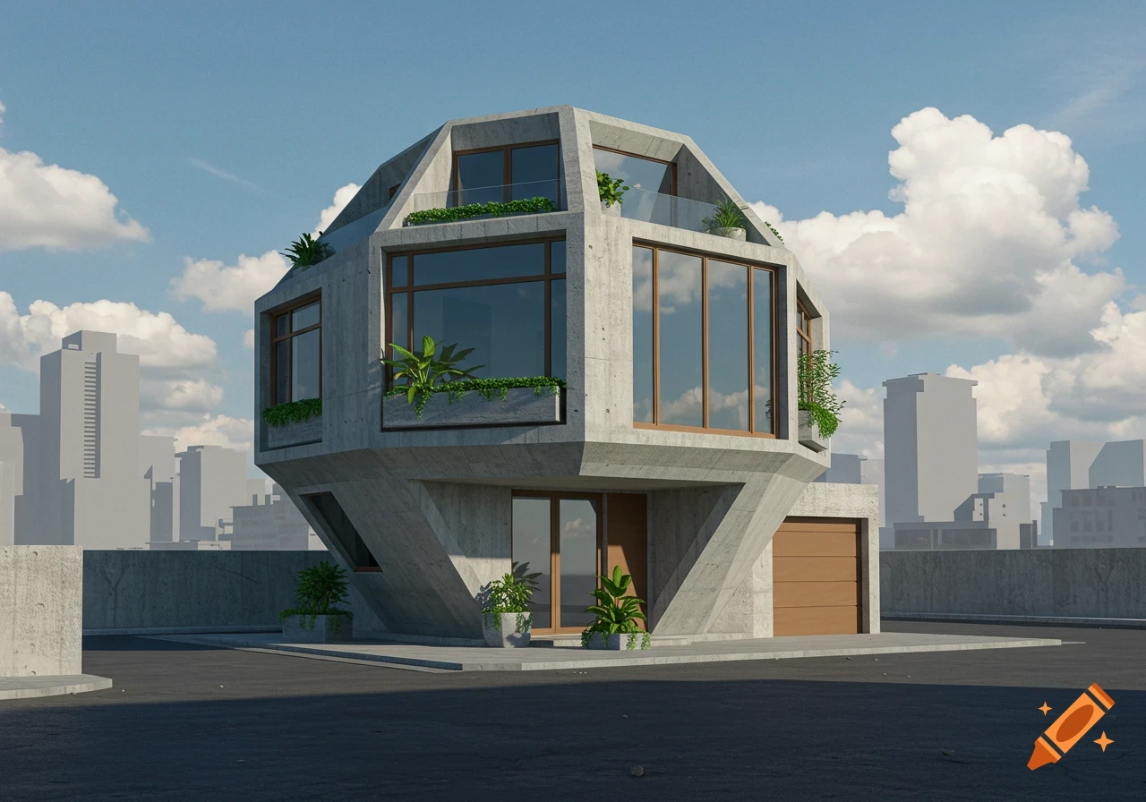 A modern, hexagonal concrete house with large windows and plants, set in a cityscape under a partly cloudy sky.