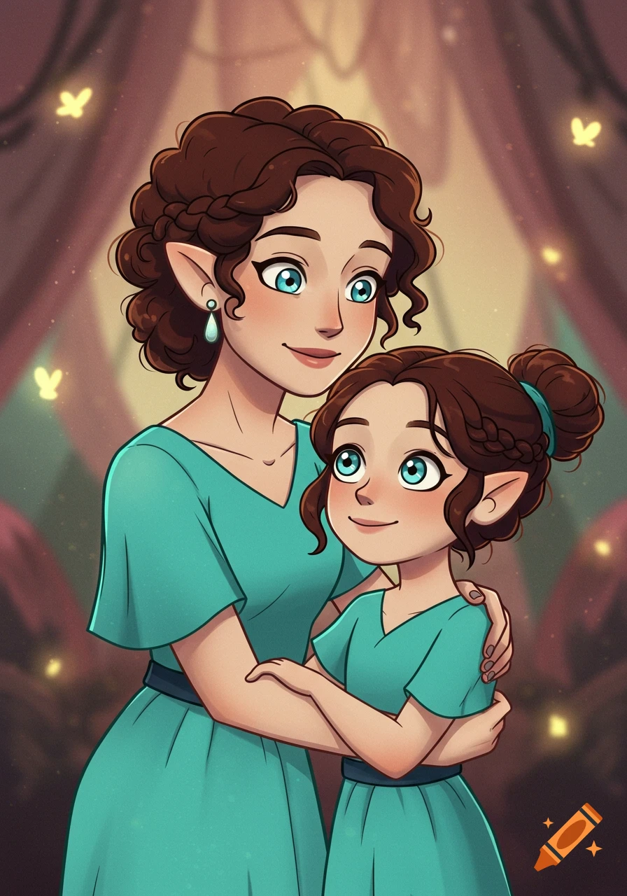 Cartoon illustration of a mother and daughter with pointy ears hugging, both wearing turquoise dresses, against a softly lit background with glowing butterflies.