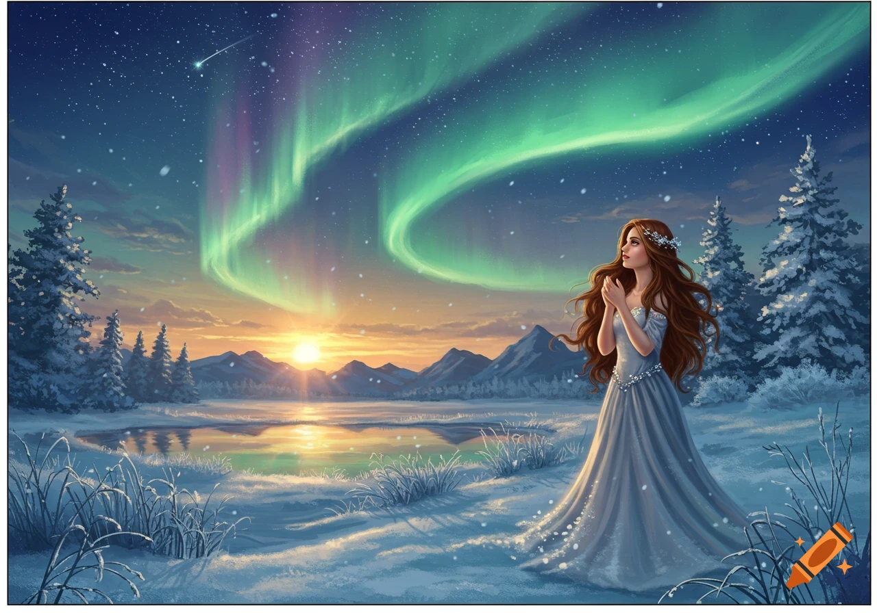 A woman in a long dress looks up at the green and purple aurora borealis over a snowy winter landscape with mountains and a sunrise.